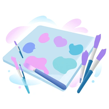 A colorful palette displaying an array of various shades of "plum" paint. The paint is spread out in smooth, vibrant swirls. Several paintbrushes of different sizes are positioned next to the palette, with some resting against the edge. The brushes have bristles that are slightly dipped in the paint, indicating readiness for use. The background has a soft, gradient of pastel colors that complements the palette.