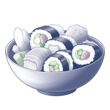 A bowl filled with various sushi rolls, neatly arranged in an aesthetically pleasing manner. The sushi rolls have diverse fillings, including seafood and vegetables, each wrapped in seaweed. Thin slices of pickled ginger are placed beside the sushi, offering a contrasting texture and shape. The bowl itself has a smooth, round form, enhancing the overall presentation of the sushi and ginger.