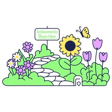 A garden filled with a variety of flowers, each flower representing a different quota achieved. In the center, there is a large sunflower symbolizing the highest quota, surrounded by vibrant daisies and tulips of varying sizes and shapes, each representing specific achievements. To the left, there are clusters of small, colorful blossoms intertwined with green foliage, indicating smaller quotas fulfilled. A winding path made of stones leads through the garden, connecting the different flower formations. A butterfly gently rests on one of the flowers, and a small signpost nearby displays the phrase "Achievements Bloom Here" in green lettering.