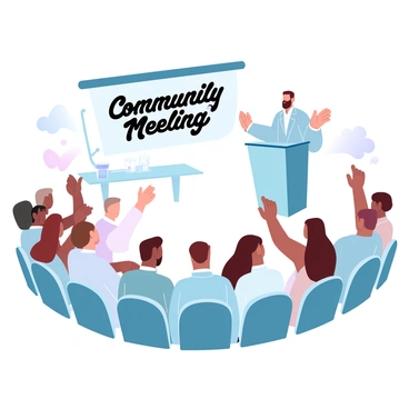 A community leader stands at a podium, addressing a group of diverse individuals seated in a semicircle. The leader is wearing professional attire and gesturing while speaking. The audience members include people of various ages and ethnicities, each engaged in the discussion. Some are raising their hands to share thoughts, while others are focused on the leader. A large banner behind the podium displays the text "Community Meeting" in bold letters. There are chairs arranged neatly, and a table with refreshments is positioned to one side.