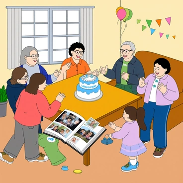 A cheerful family gathering is taking place in a spacious living room filled with laughter and chatter. Various family members, including a smiling grandmother with glasses, a young couple, and playful children, are seated around a large wooden table adorned with a colorful tablecloth. The table is decorated with a beautiful cake featuring white frosting and blue accents, symbolizing the baptism. 

In the center, there is an open photo album filled with pictures from the baptism day, showcasing moments of joy and celebration. An adult family member is animatedly sharing stories, gesturing with enthusiasm, while others listen intently, their faces lit with smiles. 

In the background, there are balloons and streamers hanging, adding to the festive atmosphere. A small child is playing with a toy on the floor, while another is handing out party hats. The room feels warm and inviting, highlighting the love and connection shared among family members during this special occasion.