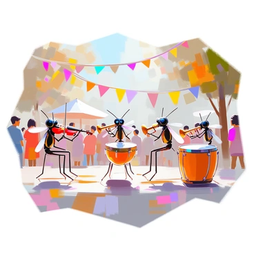 A whimsical festival scene featuring tiny mosquitoes dressed as musicians. Each mosquito is skillfully playing a different musical instrument, such as a violin, trumpet, and drum. The setting is vibrant with colorful decorations like banners and lights strung above the festival area. People of various ages, wearing festive clothing, are gathered around, enjoying the unique performance. The background is filled with trees and flowers, adding to the cheerful atmosphere of the event.