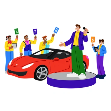 An energetic auctioneer stands on a raised platform, enthusiastically gesturing with one hand while holding a microphone in the other. He wears a colorful suit and a bright smile. In front of him, a sleek red sports car gleams under the lights, showcasing its shiny surface and aerodynamic design. Surrounding the auctioneer, several bidders hold up numbered paddles, each paddle in a different vibrant color, indicating their bids. The bidders, diverse in appearance, display expressions of excitement and anticipation as they compete for the car. The auction house is filled with bright lights and a lively atmosphere, emphasizing the dynamic nature of the auction event.
