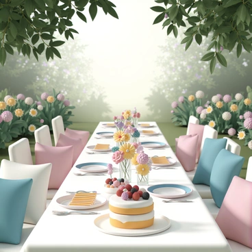 A garden party scene featuring a long, elegantly set table with a white tablecloth. On the table, there are vibrant floral arrangements in glass vases, and an assortment of colorful plates and cutlery. In the center of the table, there is a large, beautifully decorated torte with layers of cream and fresh berries on top. Surrounding the table, there are comfortable chairs with soft cushions, and lush green plants and flowers framing the scene. Soft sunlight filters through the trees, enhancing the inviting atmosphere of the garden party.