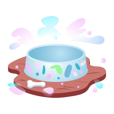 A dog bowl is placed on a wooden surface, showcasing a hand-painted design filled with colorful patterns and shapes. The bowl has a glossy finish that reflects light beautifully. Surrounding the bowl, there are scattered dog treats in various shapes, adding a playful touch to the scene. The background consists of soft gradient pastel colors that enhance the vibrant patterns of the bowl.