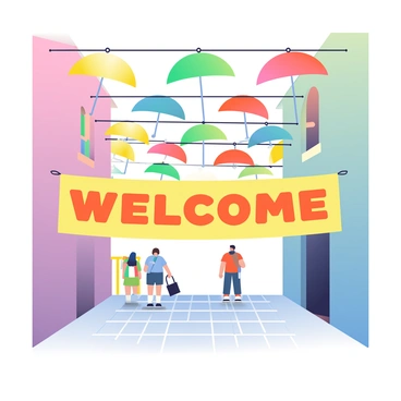 A street scene shows a narrow cobblestone path lined with vibrant, colorful umbrellas suspended above. The umbrellas are in various shades of red, blue, yellow, and green, creating a cheerful canopy. Alongside the buildings that frame the street, a large "Welcome" banner stretches between them, showcasing bold, friendly letters in a bright yellow hue. The buildings are painted in pastel colors, adding to the lively atmosphere of the scene. Below, pedestrians stroll along the path, enjoying the whimsical decor overhead.