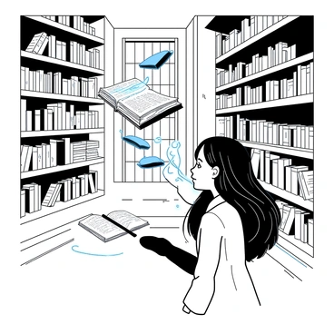 A duotone illustration of a mystical library filled with floating shelves. The shelves are adorned with various ancient books and scrolls, hovering in mid-air. In the center of the library, a young girl with long flowing hair is reaching out towards a "glowing book" that is suspended before her. The soft light from the book illuminates her curious face and the surrounding shelves. The ambiance of the library is filled with a sense of wonder and discovery.