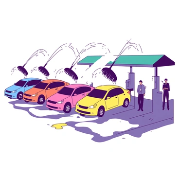 A row of five cars in different colors is being washed in an automatic drive-thru car wash. Each car is positioned under large, rotating brushes that are spraying water and soap. The car wash is bright, with splashes of water creating a lively scene. In the background, there are minimal human figures operating the controls, dressed in uniforms, standing under a teal awning, overseeing the process. The ground is wet, reflecting the colors of the cars and the equipment overhead. Bright yellow soap suds are spilling down the sides of the vehicles as they progress through the wash.