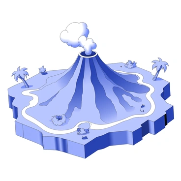 A 3D map displays a volcanic island prominently featuring a central, smoking volcano. The volcano is conical with a crater at the top, from which clouds of smoke billow. Radiating from the base of the volcano, there are flowing lava paths, each glistening as they meander down the island's slopes. The surrounding terrain includes rugged cliffs and a shoreline that curves around the island. In the foreground, there are patches of vegetation, such as palm trees and shrubs, contrasting with the volcanic rock. The map showcases elevation changes, with the highest points marked where the volcano stands.