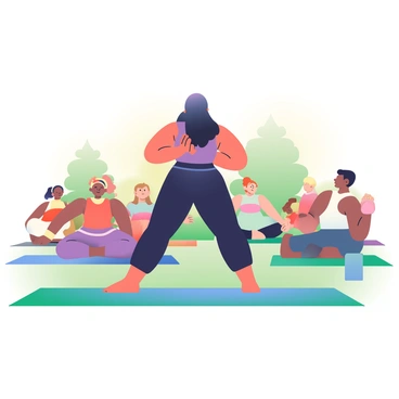 A yoga instructor with light brown skin and long black hair is standing at the front of an outdoor class, demonstrating a pose. She is wearing a fitted purple tank top and black leggings. Surrounding her are several participants of diverse backgrounds, each engaged in different yoga poses. One participant, a woman with curly blond hair, is performing a tree pose, while another, a man with short black hair, is in warrior pose. The grass beneath them is lush and green, and there are a few trees in the background, providing a natural setting for the class. The sunlight is filtering through the leaves, creating a warm and inviting atmosphere.