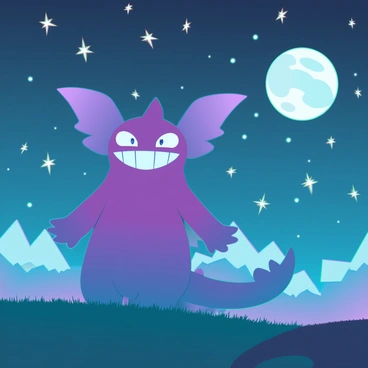 A Gengar with a mischievous grin, its purple body casting a shadow on the ground, is standing on a grassy hill. Its oversized ears are perked up, and its eyes are wide with wonder as it gazes at a sky filled with twinkling stars. The stars are bright and varied, casting a soft glow over the scene. The moon is visible, a large bright orb illuminating the landscape. In the background, there are distant mountains silhouetted against the night sky, enhancing the depth of the image.