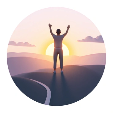 A tall silhouette of a person standing on a hilltop, with arms raised high in celebration. The figure is facing towards the horizon, where the sun is beginning to rise, casting a warm glow across the sky. The landscape features rolling hills beneath the silhouette, and the sky is filled with shades of orange, pink, and purple as the sun emerges. The scene conveys a sense of triumph and achievement, with the light illuminating the path below.