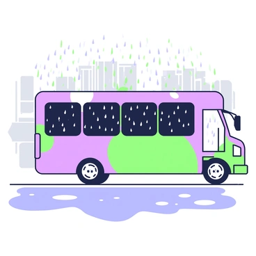 A bus is driving down a road on a rainy day. The bus has large windows that show raindrops splattering against the glass. The surrounding environment features puddles forming on the asphalt, reflecting the gray sky above. The bus's wheels kick up water as it moves forward, and the wipers are in motion, clearing the rain from the driver's view. In the background, blurred outlines of trees and buildings can be seen through the heavy rain.