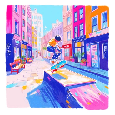 A skateboarder with a black helmet and knee pads is mid-air performing a trick above a concrete ramp. He has a blue skateboard with colorful designs. The urban street is lined with vibrant graffiti murals on the brick walls, showcasing various artwork and tags. In the background, there are tall buildings and a few scattered benches. The scene captures an energetic atmosphere with visible motion lines indicating the speed of the skateboarder.