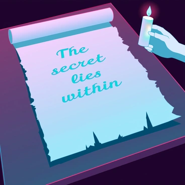 A piece of aged parchment paper resting on a dark wooden table. The surface of the paper appears blank at first glance, but under a gentle wave of heat, faint words begin to emerge. The letters are elegantly scripted in a vintage style, revealing the message "The secret lies within." The process of revelation creates a soft shimmer on the paper, highlighting the contrast between the invisible ink and the parchment background. A delicate hand is holding a small candle, casting a warm glow that facilitates the transformation.