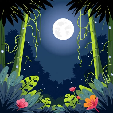 A rainforest scene illuminated by a bright, full moon hanging in the night sky. Tall, lush green trees dominate the landscape, their leaves casting intricate shadows on the forest floor. Glowing eyes of various animals can be seen peering from the darkness, highlighting the vibrant wildlife. Soft, silvery moonlight reflects off droplets of dew on the leaves, creating a magical atmosphere. A series of winding vines dangle from the branches, and some exotic plants with colorful flowers add detail to the rich foliage.