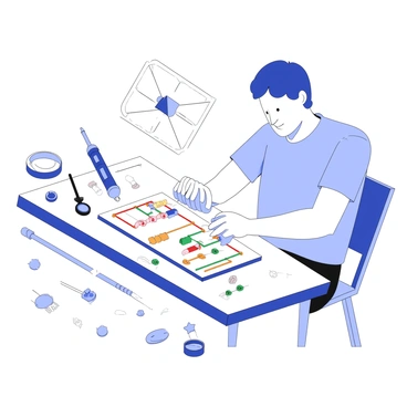 A designer is focused on creating a prototype circuit on a breadboard. The breadboard has various electronic components such as resistors, capacitors, and integrated circuits connected by colorful wires. The designer is sitting at a workbench filled with tools, including wire cutters, a soldering iron, and a multimeter. Nearby, there are additional components like LED lights and transistors scattered around. The designer is examining the circuit closely, making adjustments as necessary.