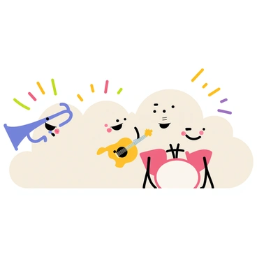 A band of clouds playing musical instruments in the sky, creating colorful sound waves