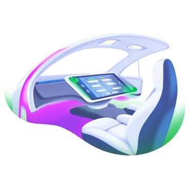 A modern pastel illustration featuring a futuristic car console with sleek, curved edges. The console is equipped with a large, illuminated touch-screen displaying various controls and settings. The interior of the car is predominantly white, creating a clean and minimalist look. The console is surrounded by soft, ambient lighting that enhances the modern aesthetic. The seats are plush and ergonomically designed, complementing the overall futuristic theme.