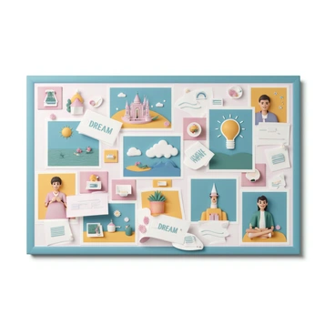 A vision board, filled with a variety of colorful images representing dreams and goals for the future. The board includes pictures of travel destinations like tropical beaches and iconic landmarks. There are also images of personal achievements, such as a diploma and a successful job interview. In addition, it showcases lifestyle aspirations like healthy foods, fitness activities, and meditation scenes. Each image is arranged in a collage style, creating an inspiring and vibrant visual representation of ambition and motivation.
