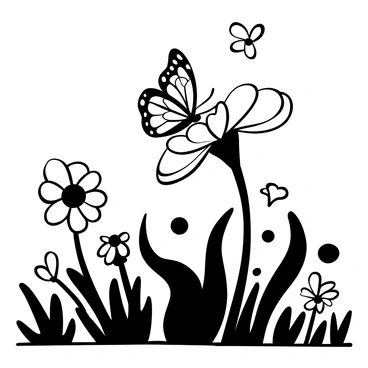 A butterfly with intricate wing patterns resting on a marigold flower. The marigold flower has layered petals and is positioned among tall grass in a sunny meadow. The meadow is filled with various types of foliage and scattered flowers, creating a lively scene. Gentle sunlight casts shadows of the butterfly and flower onto the ground.