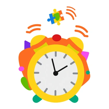 A bright, cartoon-style alarm clock with a round face and large, bold numbers. The clock has colorful buttons of different shapes surrounding it, with a large red snooze button on top. Above the clock, there is a small, illustrated puzzle featuring various pieces that must be arranged to form a complete image. The clock is set against a simple, vibrant background that enhances its playful appearance. The alarm clock is emitting sound waves represented by wavy lines to indicate it is ringing.