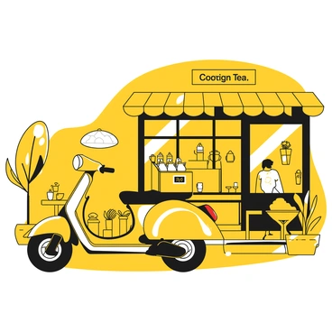 A moped with a large delivery box on the back is parked outside a cozy cafe. The moped is designed with sleek lines and has a logo prominently displayed on the side. The scene depicts an assortment of tea sets, including delicate teapots and cups, neatly arranged inside the delivery box. A small table outside the cafe has an umbrella providing shade. The cafe's welcoming facade features large windows, with a few patrons sitting at tables enjoying their afternoon tea. There are potted plants on the cafe's entrance, adding to the inviting atmosphere of the day.