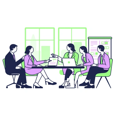 A group of lawyers is seated around a rectangular table in a conference room. There are five lawyers present, two men and three women. The men are wearing dark suits, while the women are dressed in professional attire. A laptop is placed at the center of the table, open and displaying a document. One of the women is pointing at the screen, gesturing as she discusses points of the case. Another lawyer is taking notes on a notepad. Large windows in the background let in natural light, illuminating the scene. A whiteboard on the side displays diagrams and notes related to the case.