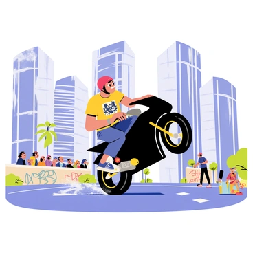 A drift biker wearing a red helmet is performing a daring stunt on a sleek black motorcycle. The biker is executing a wheelie, with the front wheel lifted off the ground and the back wheel firmly on the asphalt. The urban setting features tall gray skyscrapers in the background, reflecting sunlight, and a blue sky overhead. A crowd of spectators can be seen in the foreground, watching in excitement. The street is lined with colorful graffiti on the walls, adding to the vibrant city atmosphere.