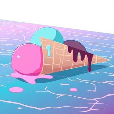 An ice cream cone dropped on a hot pavement, melting