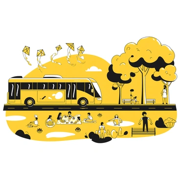 An electric bus with a streamlined design traveling along a road beside a city park. The bus is adorned with advertising on its side. In the park, several people are flying kites of various shapes and sizes, with colorful tails catching the wind. Families are spread out on picnic blankets, enjoying food from picnic baskets. Trees with dense foliage provide shade, and a few benches are occupied by visitors watching the lively scene. A small pond can be seen in the background, reflecting the surroundings.