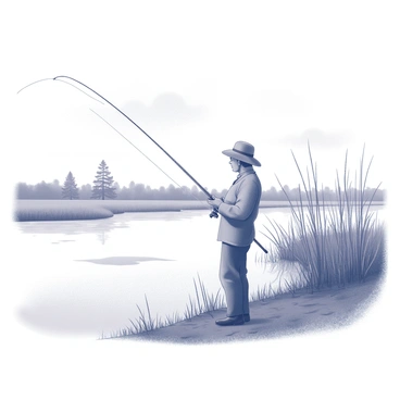 A fisherman standing on the shore of a marsh. He is wearing a wide-brimmed hat and has a fishing rod in his hand. The fisherman is leaning slightly forward as he casts his line into the water. Around him, there are tall reeds and grasses typical of a marsh environment. The surface of the water reflects the shapes of the surrounding vegetation. In the background, there are silhouettes of distant trees and a cloudy sky. The scene captures an atmosphere of patience and focus, highlighting the fisherman's connection to the natural surroundings.