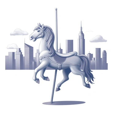 A carousel horse stands prominently in the foreground. The horse is intricately detailed, featuring a flowing mane and ornate saddle. Its expression is lively, as if caught mid-gallop. In the background, there is a bustling city skyline, showcasing tall buildings with various architectural styles. The skyline is densely packed, illustrating the vibrancy of city life. A few clouds can be seen in the sky above the buildings, adding depth to the scene.