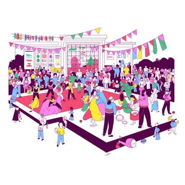 A vibrant cultural festival is taking place at Rockefeller Center. Colorful decorations adorn the area, featuring banners and streamers in various shades. There are performers dressed in traditional attire from different cultures, engaging and entertaining the crowd. In one area, a group is performing a lively dance with intricate movements, while another group showcases a musical performance with traditional instruments. People of diverse backgrounds are gathered, enjoying the festivities and participating in activities, creating a lively and festive atmosphere.