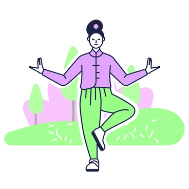 A person is practicing qi gong in a serene outdoor setting. They are in a centered stance, with arms extended gracefully to the sides. Surrounding them, there is a subtle aura of energy that resembles a glowing outline. The individual has a calm expression, with eyes closed, and they wear comfortable, loose-fitting clothing suitable for movement. In the background, there are blurred shapes of trees and a gentle slope of grass, enhancing the focus on the person and their practiced pose.