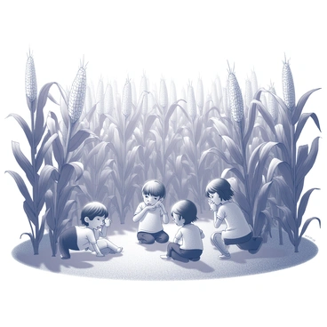 A group of children is playing hide and seek in a cornfield. The children are scattered among the tall corn stalks, some peeking out from behind the plants while others crouch down, trying to hide. One child stands in the center, covering their eyes and counting. The cornfield is dense with green stalks, towering over the children's heads. Sunlight filters through the leaves, creating dappled shadows on the ground. Laughter and excitement fill the air as the game unfolds.