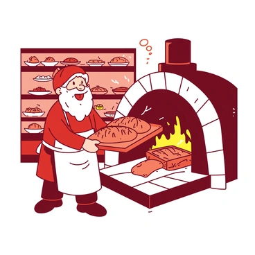A red dwarf baker with a fluffy white apron is pulling a tray of freshly baked bread from a large wood-fired oven. The oven has a rustic stone exterior, and the flames inside cast a warm glow. The baker is smiling as he carefully lifts the golden-brown loaves, steam rising from the bread. In the background, there are shelves lined with more baked goods, including pastries and pies, all beautifully arranged and inviting. The scene is filled with the cozy atmosphere of a traditional bakery.