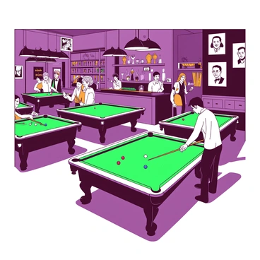 The interior of a bustling billiard hall features several green billiard tables, each occupied by players in various poses. A few players are focused intently on their shots, while others chat animatedly with friends. Bright overhead lights illuminate the scene, casting a glow on the polished wooden floors. On one side, there is a bar area where people are enjoying drinks, and shelves filled with trophies and memorabilia line the walls. In the background, there are colorful posters of famous billiard players. The atmosphere is lively, filled with the sounds of balls clacking and laughter.