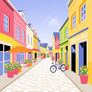 A charming street in Quebec featuring colorful French architecture with intricate details on the buildings. The scene includes several quaint cafes with outdoor seating, adorned with bright umbrellas. Potted plants with blooming flowers are placed on the sidewalks beside the cafes. A couple of bicycles are parked near the entrance of one cafe. The cobblestone pavement adds texture to the street, while a clear blue sky provides a vibrant backdrop to the picturesque setting.
