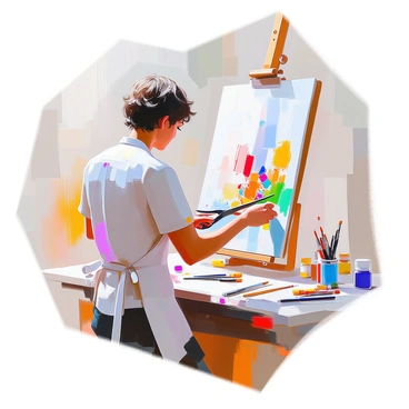 An artist with medium skin and short curly hair is carefully framing a finished artwork on a large piece of illustration board. The artist is wearing an apron splattered with paint and is focused on aligning the edges of the artwork. The illustration board is placed flat on a workspace, and the artwork features vibrant colors and intricate details. The setting includes various art supplies scattered around, such as paintbrushes, tubes of paint, and a pencil sharpener, providing a creative atmosphere. The artist's hands are poised with a pair of scissors, ready to trim the border of the artwork.