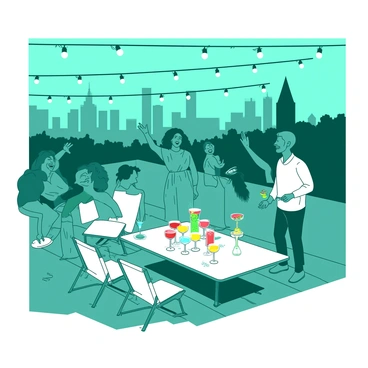 A teal rooftop terrace is bustling with friends gathered around a white table filled with colorful drinks in glasses. Some friends are laughing, while others are raising their drinks in a toast. In the background, the city skyline is visible, with various tall buildings silhouetted against a dusky sky. Strings of white fairy lights are draped above, adding a festive atmosphere. A group of friends is dancing joyfully near the edge of the terrace, with a few others sitting on white lounge chairs enjoying the vibe.