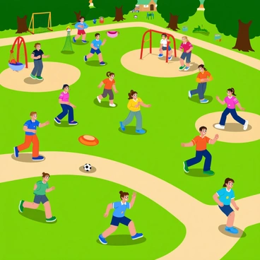 A vibrant schoolyard filled with excited students playing during recess. The children are wearing colorful jerseys that are part of their school uniform. Some students are playing tag, running energetically around the playground. Others are gathered around a soccer ball, preparing for a friendly match. Nearby, a group of girls is jumping rope, while boys are throwing a frisbee back and forth. The background includes swings and slides, with trees providing shade. Sunlight casts playful shadows on the ground, capturing the lively atmosphere of the schoolyard.