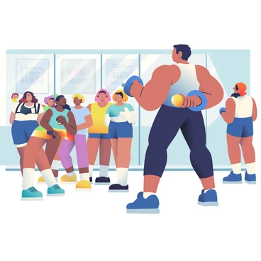 A personal trainer with short black hair and a fitted athletic outfit is demonstrating hammer curls in a bright gym. The trainer is holding a pair of dumbbells, with their arms bent at a 90-degree angle. In the foreground, a group of enthusiastic students of diverse backgrounds is intently watching the demonstration. Some students are standing with their own dumbbells, while others are actively participating in the exercise. The gym has large mirrors reflecting the participants and bright windows allowing natural light to fill the room. The atmosphere is energetic, with motivational posters on the walls.