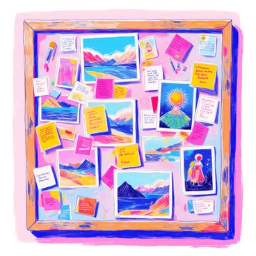 A bulletin board is filled with various images, sketches, and ideas that serve as an artist's inspiration. The board features colorful photographs of landscapes and portraits, along with hand-drawn sketches in pencil and ink. There are also vibrant color swatches and clippings from magazines pinned at different angles. Some sections have sticky notes with handwritten ideas and quotes, adding a personal touch. The board is surrounded by a rustic wooden frame, and the background is a light-colored wall that enhances the vivid colors of the materials displayed.