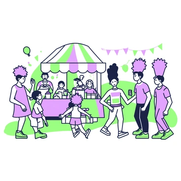 A lively festival scene with people showing off humorous static-charged hairstyles