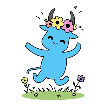 A playful oni with vibrant blue skin and large, curved horns is frolicking in a green meadow. The oni is wearing a crown made of colorful flowers, including red poppies, yellow daisies, and purple violets. The meadow is dotted with various wildflowers and has a clear blue sky above. The oni is depicted mid-leap, with a cheerful expression, arms outstretched as it bounds through the lush grass.