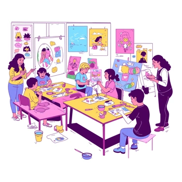 A bright and lively family-friendly area at the event is filled with children engaging in various illustration activities. There are multiple tables set up with colorful art supplies, including markers, crayons, and sheets of paper. Children are sitting and drawing, some showcasing their creations to nearby adults. Colorful banners hang from above, featuring fun illustrations that inspire creativity. To one side, an instructor is guiding a small group of children on how to draw a cartoon character, while others are painting on large canvases. The atmosphere is cheerful, with laughter and excitement filling the air.