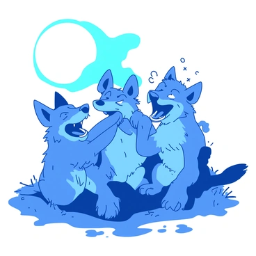 A blue group of cartoon hyenas is gathered together, laughing hysterically. They are standing on a grassy patch illuminated by the light of a large, white full moon that shines brightly in the night sky. The hyenas have exaggerated, jovial expressions on their faces, with their mouths wide open in laughter and playful eyes. One hyena is leaning against another, while another is sitting on its haunches, with its paws in the air. The moonlight casts playful shadows on the ground, enhancing the lively atmosphere of the scene.