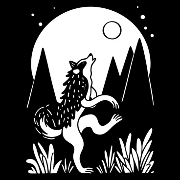 A vintage-style werewolf standing on its hind legs howling at a large, full moon. The werewolf has thick fur with multiple textures visible. Surrounding the werewolf is a dense, shadowy forest with tall, dark trees silhouetted against the moonlight. Wisps of fog snake through the underbrush, adding a sense of depth and mystery to the scene. The moon shines brightly in the night sky, illuminating the werewolf and creating stark contrasts with the shadows of the forest.
