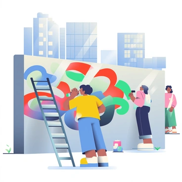A street artist with dark hair and wearing a bright yellow shirt is painting a large mural on a concrete city wall. The mural features an array of colorful abstract shapes and designs, including swirls of blue, red, and green. The artist is holding a spray paint can in one hand while using the other hand to add details to the mural. Nearby, there is a step ladder leaning against the wall, and a few cans of paint are scattered on the ground. In the background, there are buildings with windows reflecting sunlight, and a few onlookers are admiring the artwork from a distance.